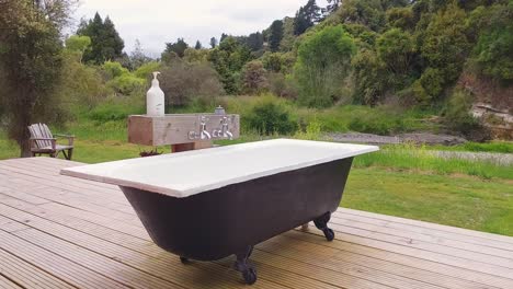 an outdoor clawfoot bathtub on a wooden deck in nature by a river in new zealand