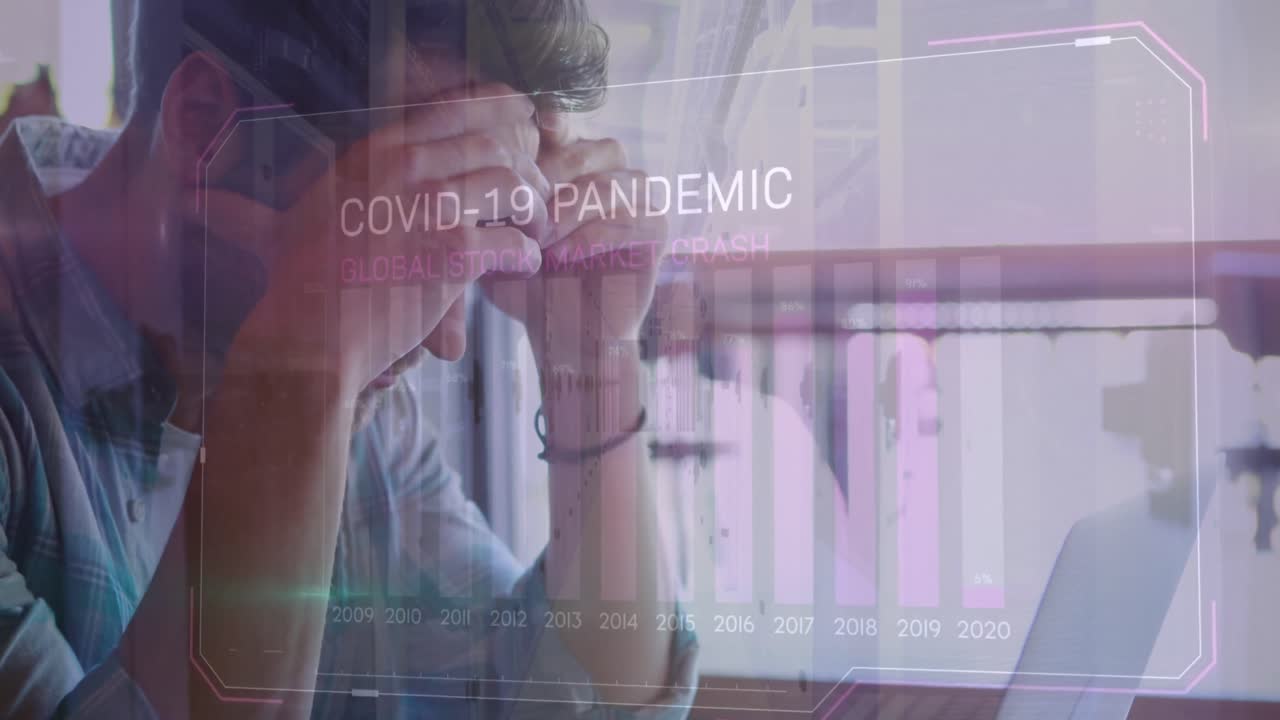 노트북을 사용하는 걱정하는 백인 남성에 대한 코로나 19 데이터 처리 및 통계의 애니메이션