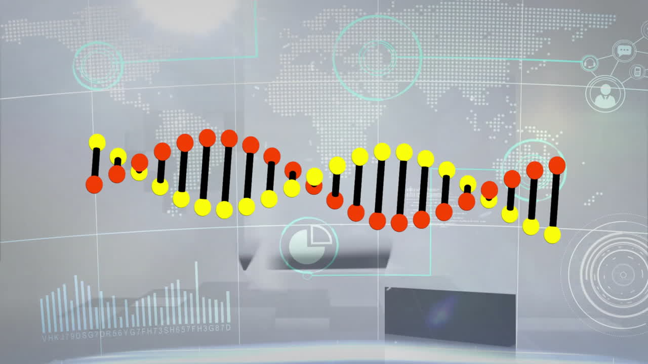 DNA strand with data charts and world map in background animation