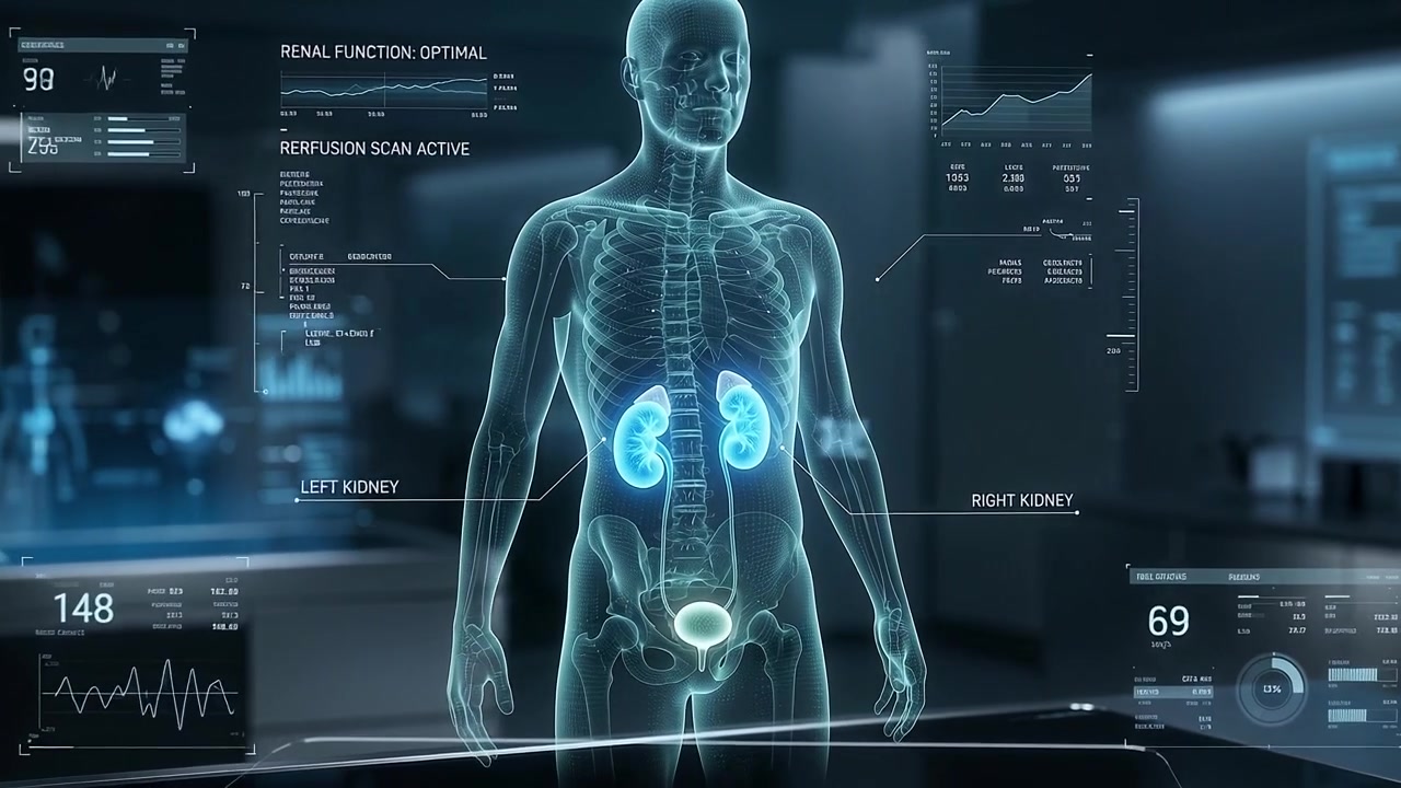 Holographic Medical Scan of Human Kidneys in Futuristic Laboratory