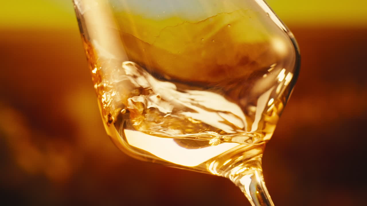 Orange or white wine bottle and glass against a sunset in a peaceful vineyard, pouring of ecological natural wine.