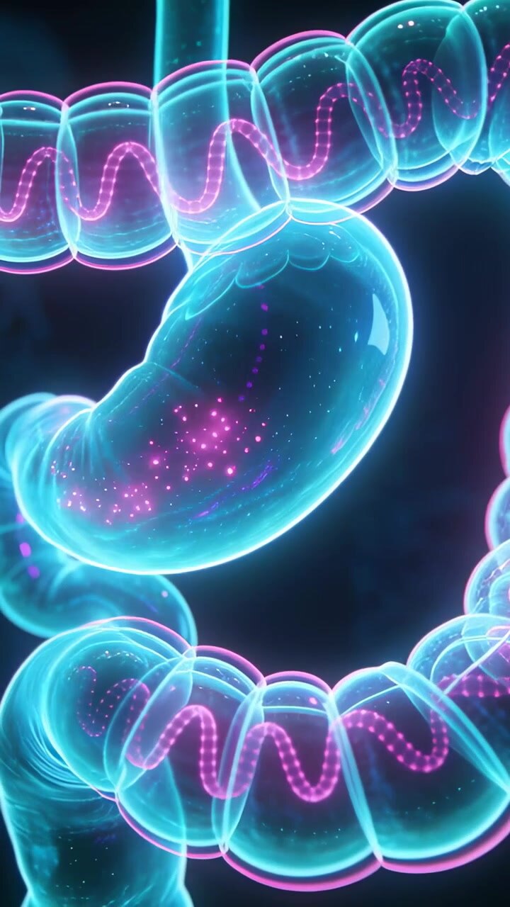 Vertical video: Sweeping camera revealing stomach organ in black backdrop, showing magenta flecks