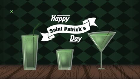 happy saint patricks day lettering in ribbon with cocktails drinks