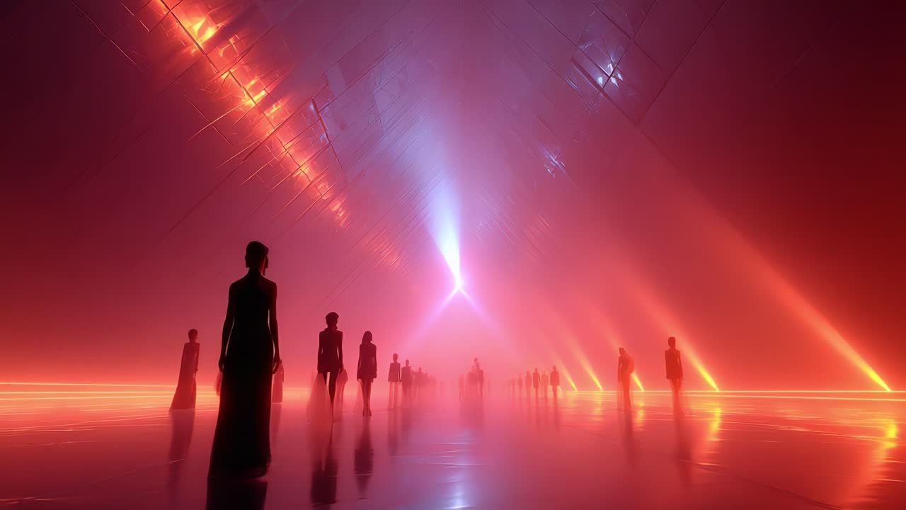 A Mysterious Gathering: Silhouettes in a Futuristic, Ethereal Environment Bathed in Striking Light Patterns and Vivid Colors, Creating an Atmospheric Scene of Intrigue and Elegance