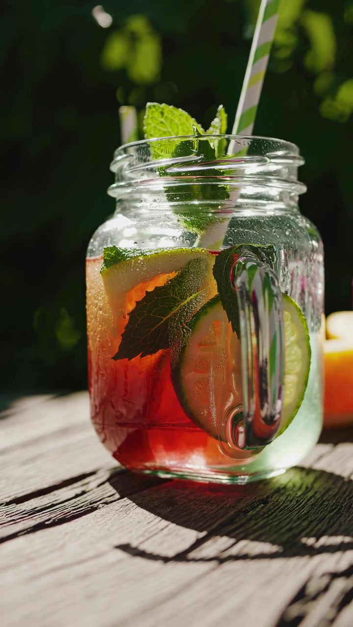 Bevanda colorata e rinfrescante in un boccale di vetro con lime e menta all'aperto