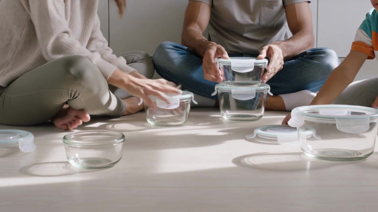 Matching family placing lids on glass bowls at home after bowls spread for storage, sun patches