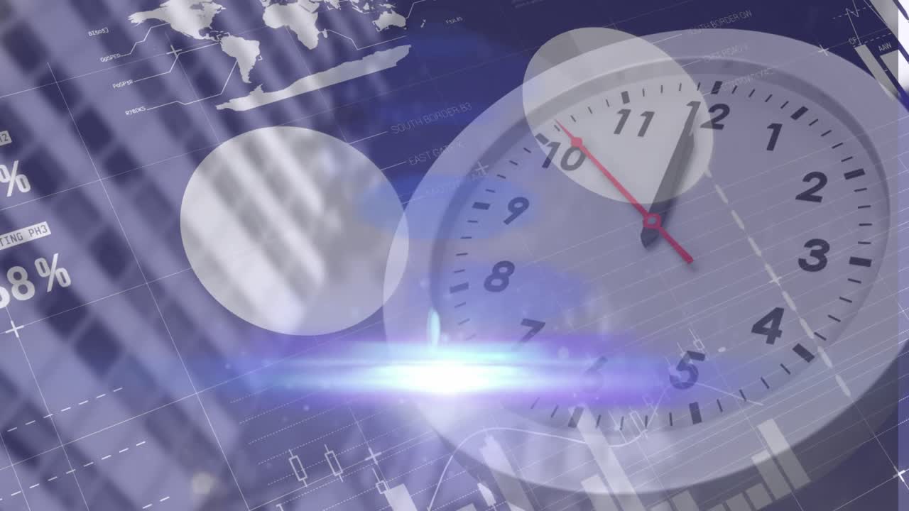 백그라운드의 높은 건물과 대비하여 타이킹 시계에 대한 통계 데이터 처리