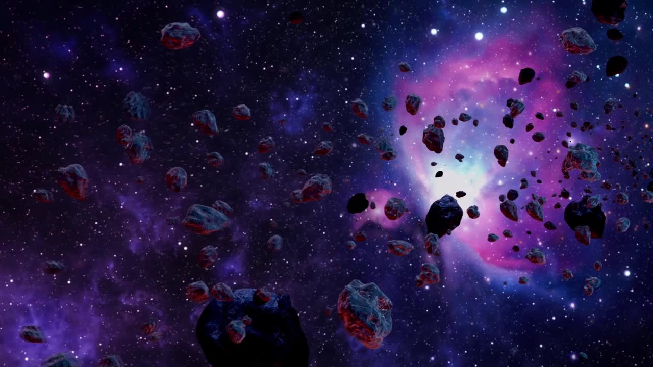 Dark asteroids traveling through infinite cosmic expanse, moving silently toward distant nebula with mysterious interstellar journey revealing vast space environment
