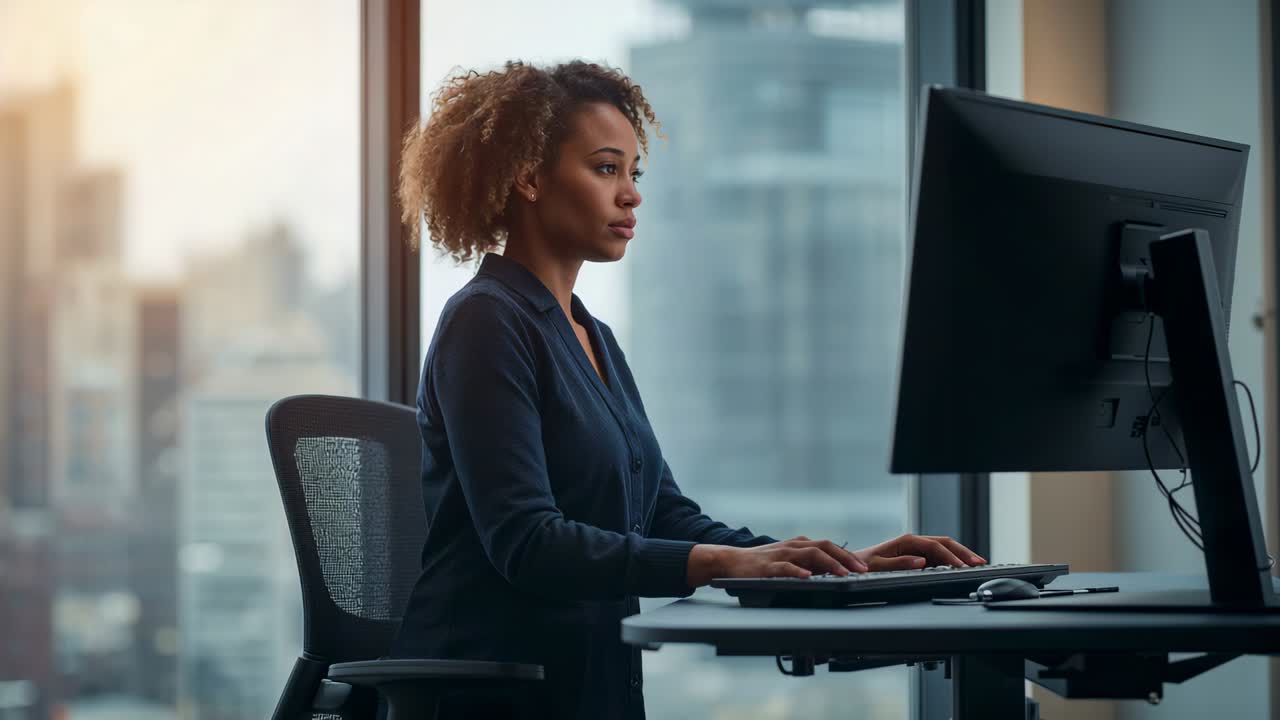 Typing woman in navy blouse shifting posture, resuming typing on keyboard at office desk by window