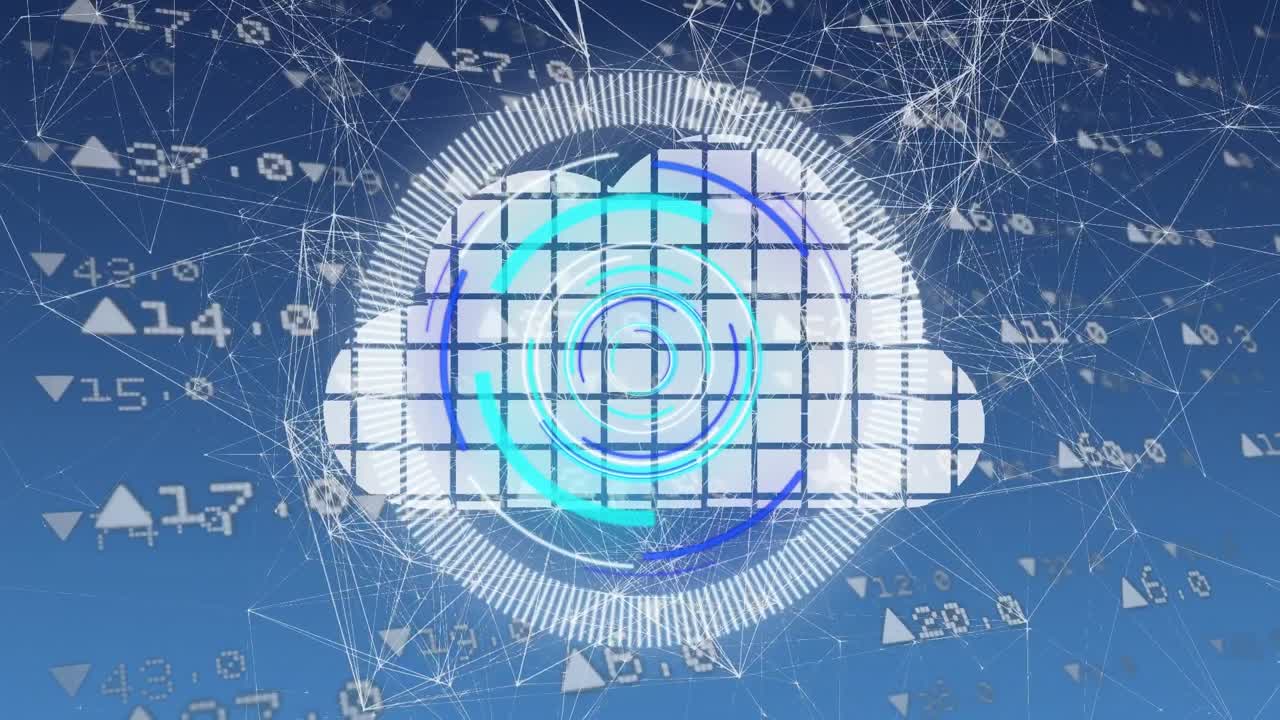 파란색 배경에 구름 아이콘과 연결 네트워크를 스캔하는 범위의 애니메이션