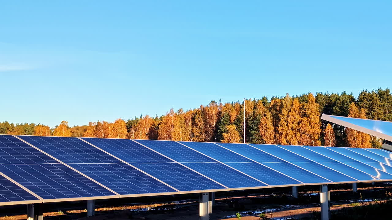 Solar panel viewed at camera height with vibrant autumn forest colors in the background.