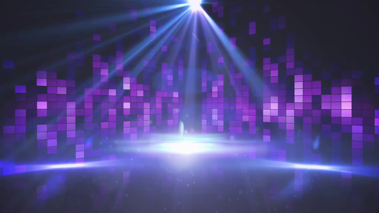 Purple and blue digital squares animation over glowing stage with light beams