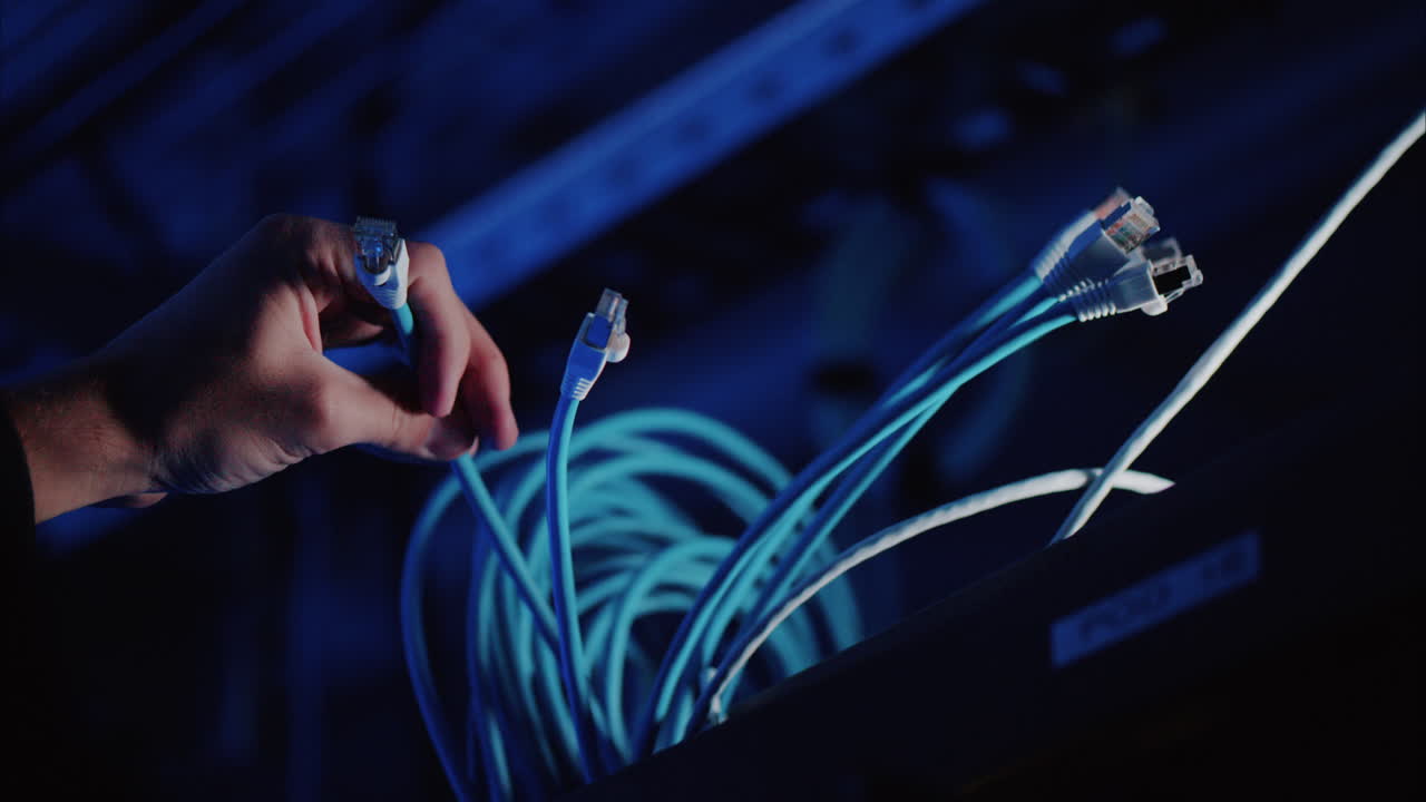 Man analysing cables in a data center