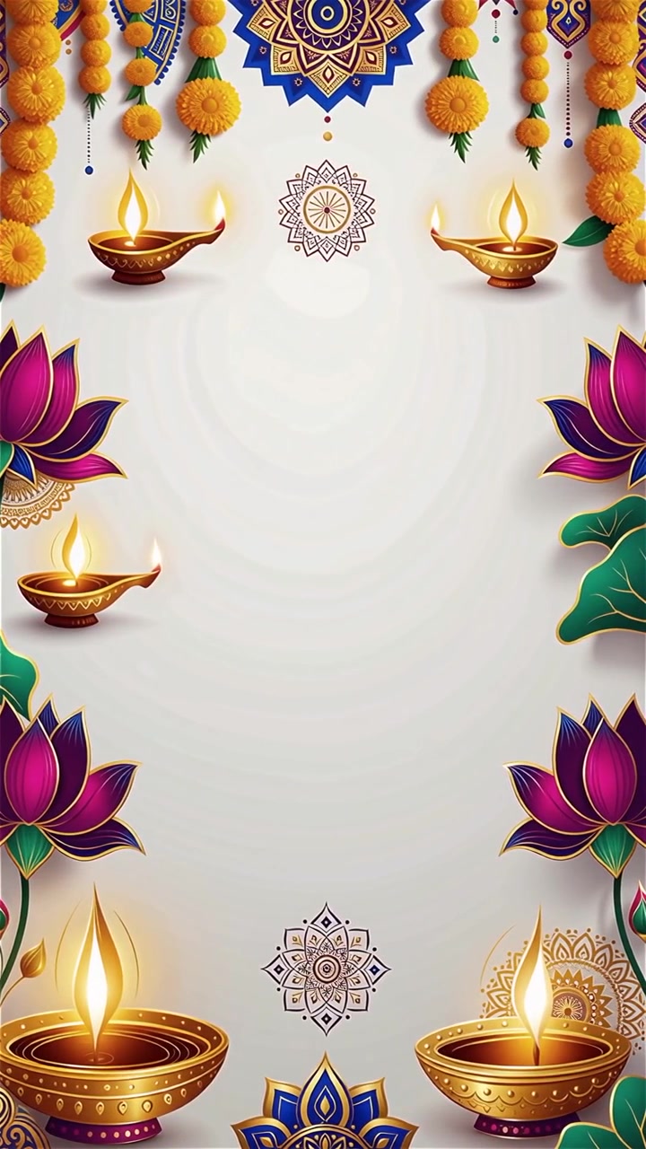 Sfondo Diwali con Diyas luminosi, Rangoli e fiori di loto