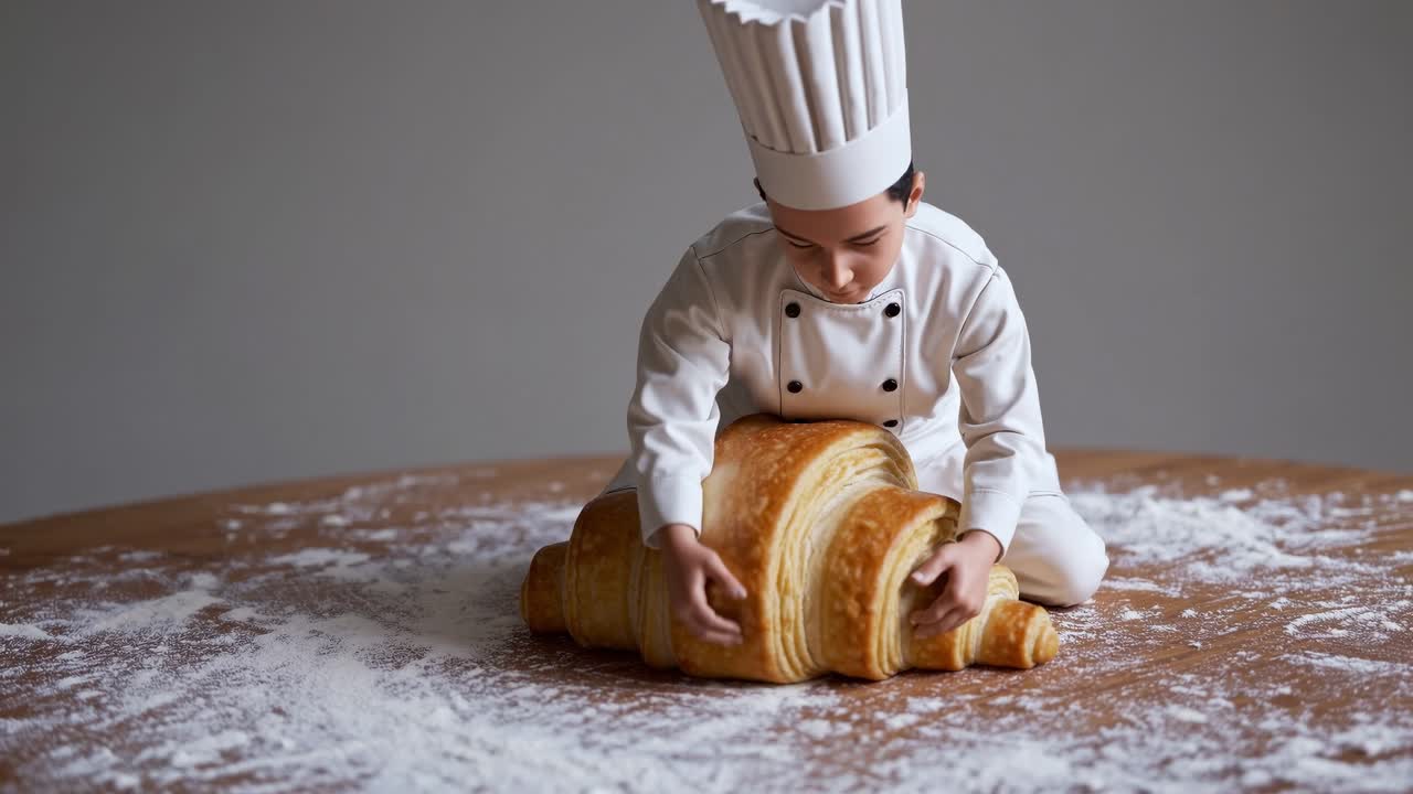 Professional chef wearing crisp white uniform kneeling near wooden surface, delicately touching oversized golden croissant dusted with flour