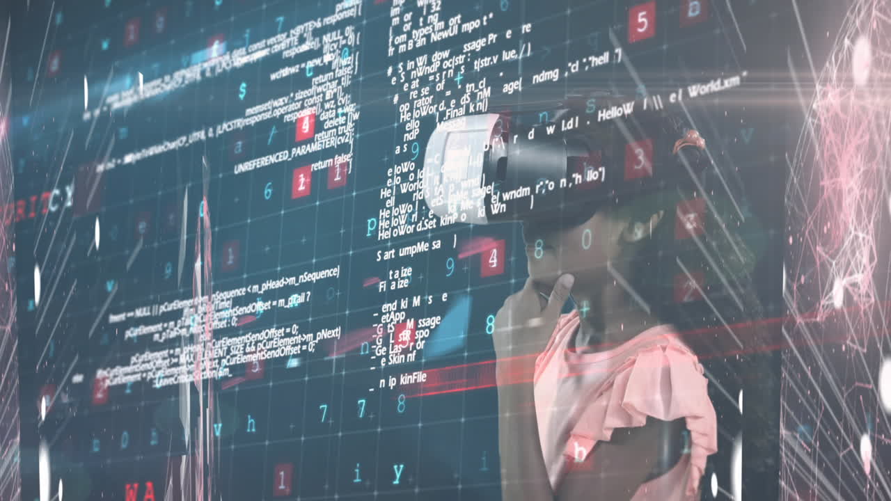 Cyber security data processing against young girl using VR headset