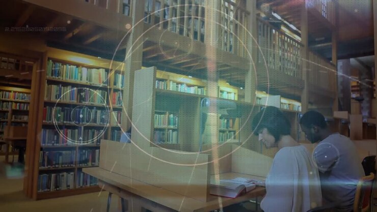Animazione di rete di connessioni su studenti diversi che leggono e imparano a scuola