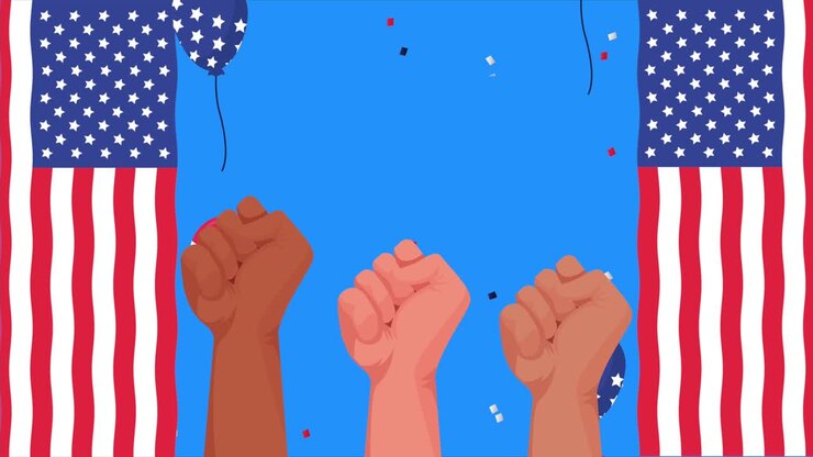 happy labor day celebration with usa flag in balloons helium and clenched hands