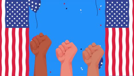 feliz celebración del día del trabajo con bandera de estados unidos en globos de helio y manos apretadas
