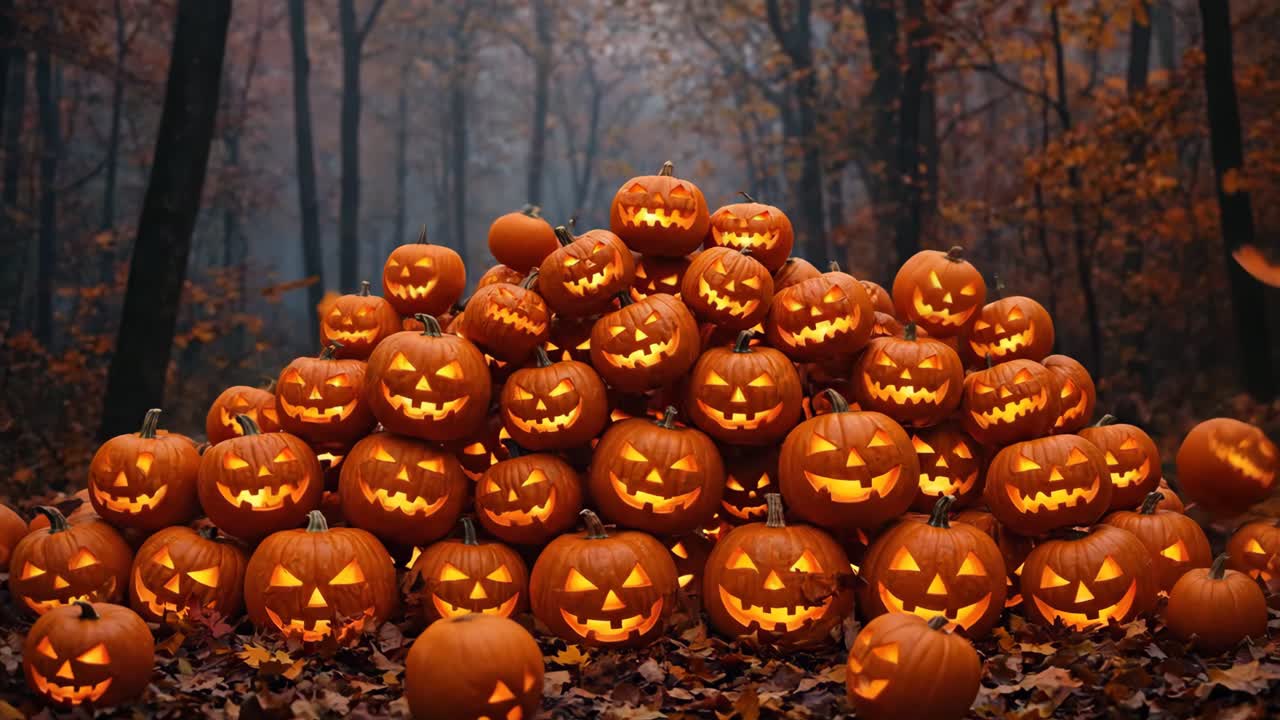 Glowing Jack-o'-lanterns Falling into a Pile in a Misty Autumn Forest