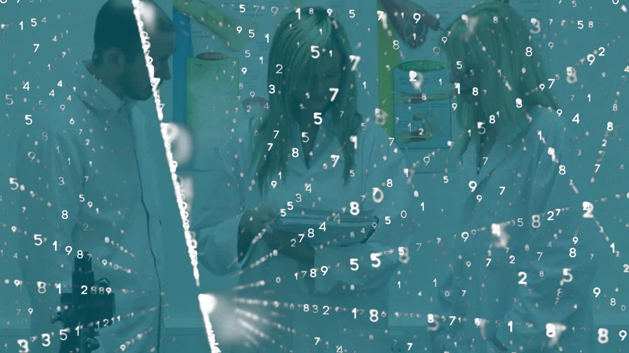 백인 여성과 남성 의사 위에 떠다니는 숫자의 애니메이션