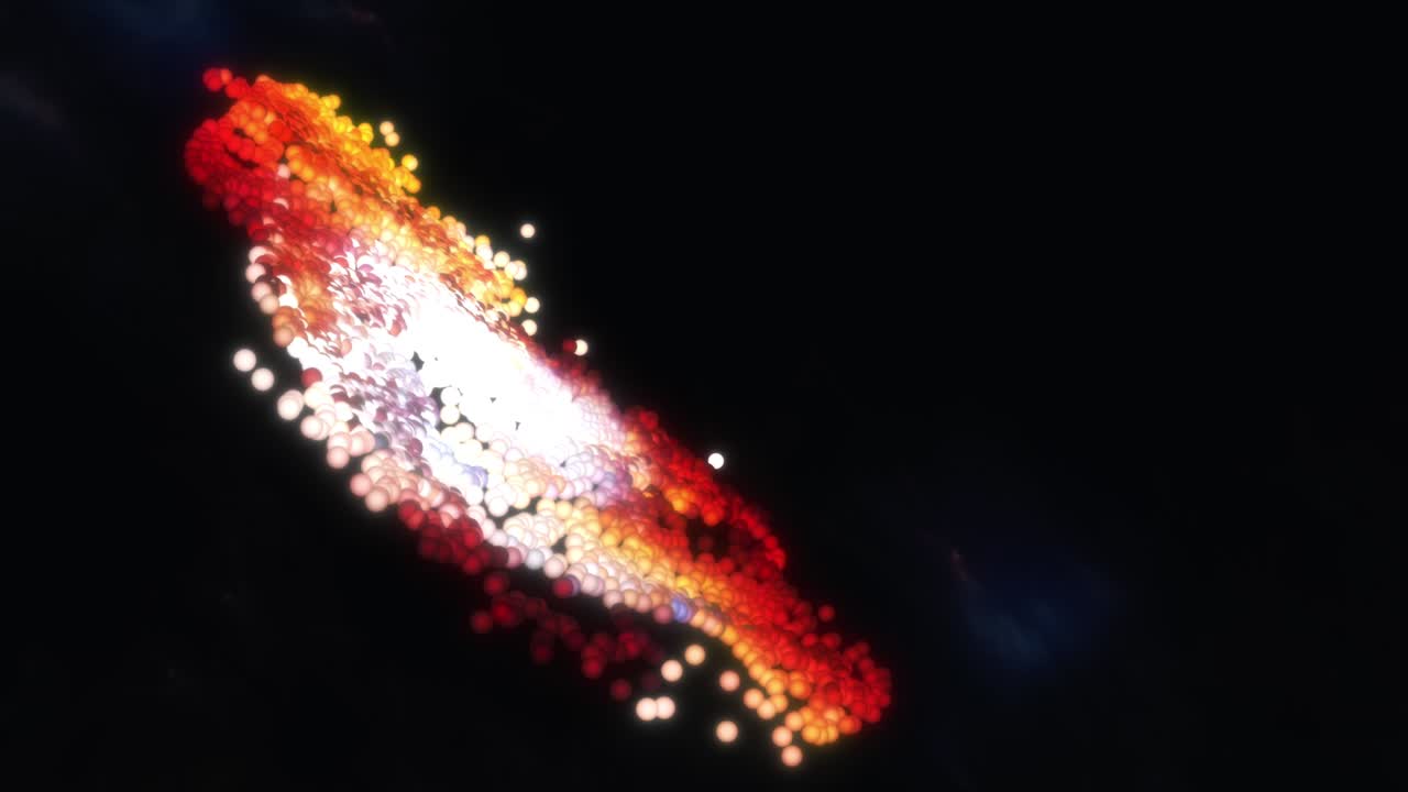 muchas partículas brillantes abstractas moviéndose y transformándose en galaxia en espiral girando sobre fondo oscuro. animación 4k 3d espacio exterior vista ciencia espirales de partículas de polvo transformación en el espacio.