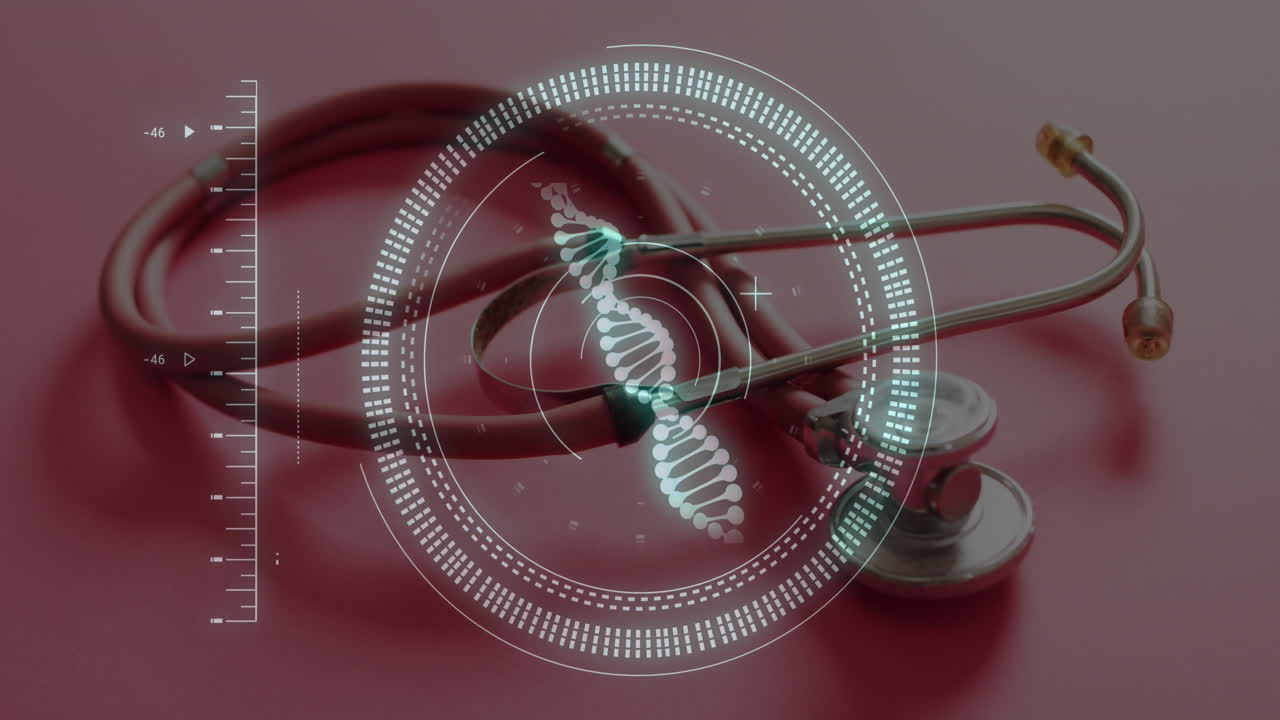 Animation of dna strand and scope scanning over stethoscope