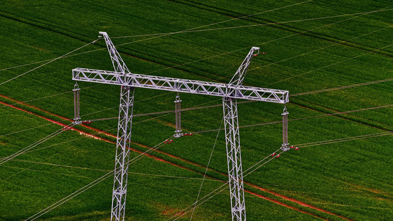 A steel transmission tower supports 110 kV power lines over a green field—key to the energy grid.