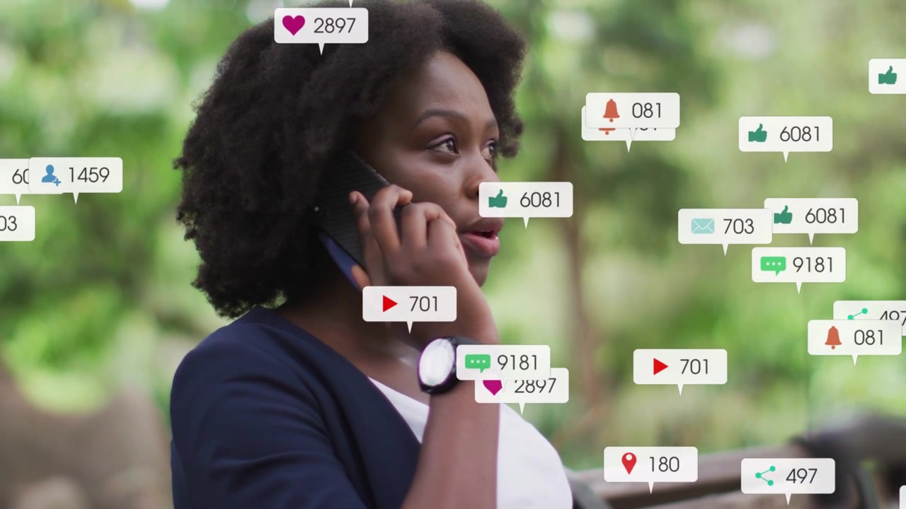 Woman on bench talking on phone, starting social media alerts flooding frame, showing marketing ROI