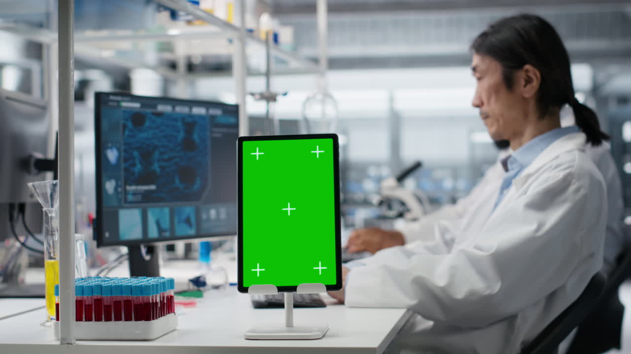 Vertical video Lab expert at desk using green screen tablet, looking at molecular model