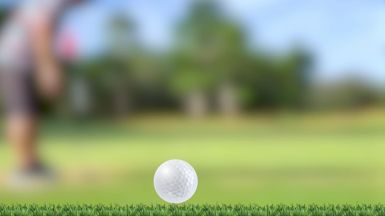 A golf ball moves dynamically across a vibrant green course, with a blurred golfer in the background