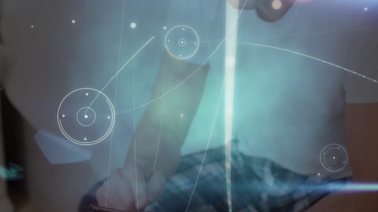 Interacting with glowing animation, person engaging with digital interface in school