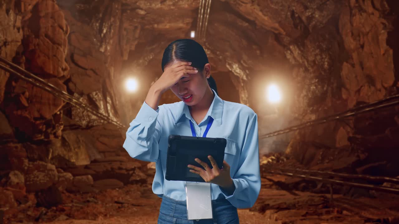 Asian Female With Her Tablet In Underground Mine Tunnel, She Is Nodding Her Shead With Dissapionted