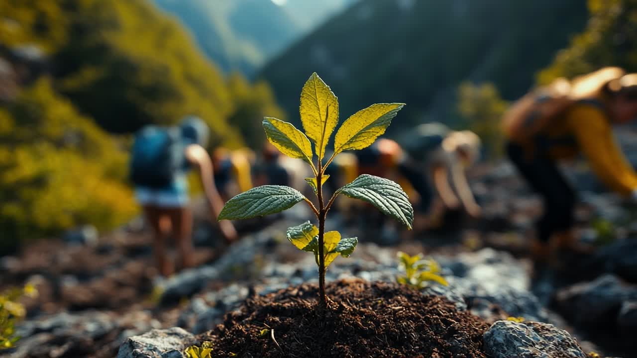 Mountain plant restoration. A vibrant plant grows from rocky soil as hikers restore the lush mountain environment.