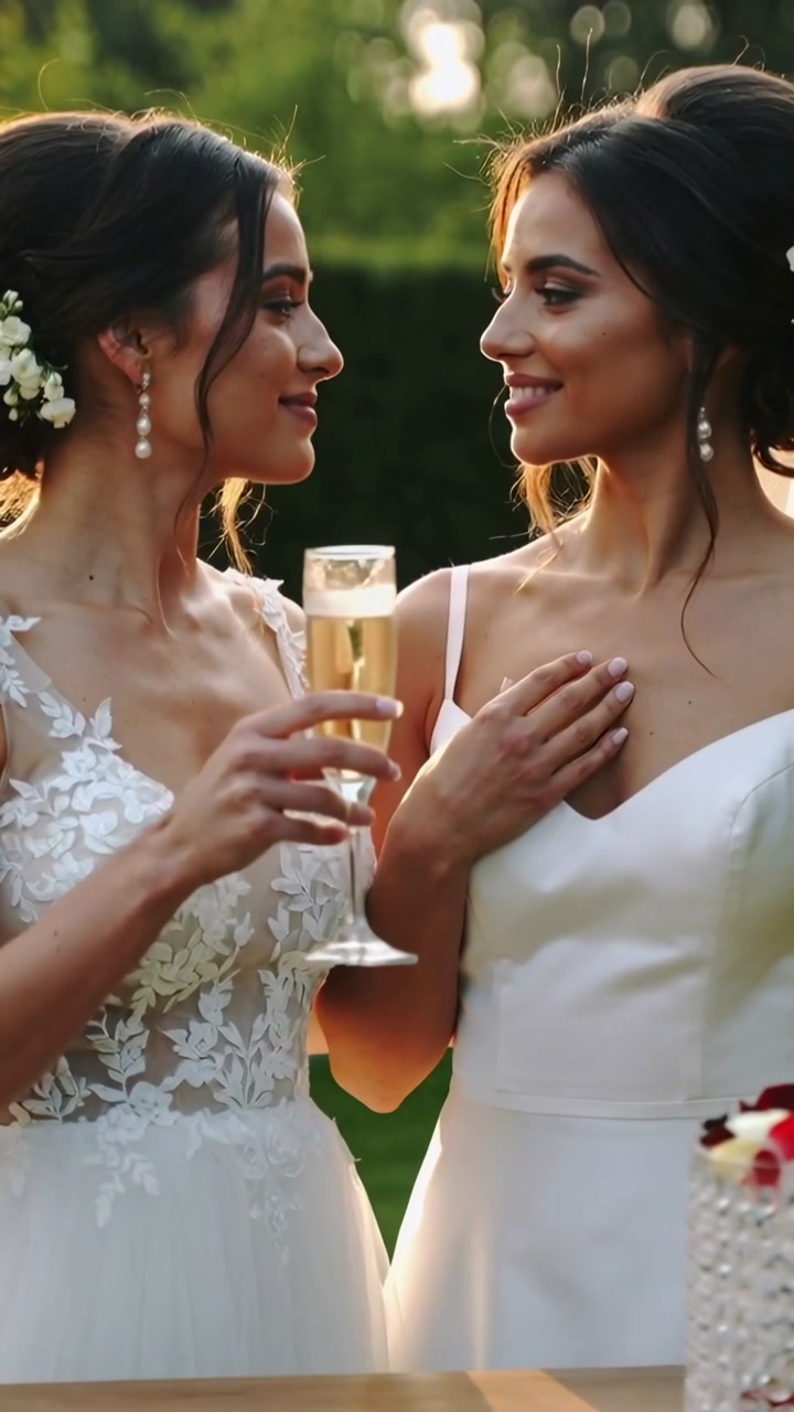 Left bride picking up wedding flute toasting, sparking motion petals circling cake, brides closing