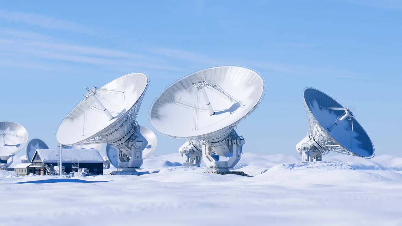 Snow Covered Satellite Dishes In Arctic, Pristine Blue Sky And Massive Parabolic Antennas Rising From Frozen