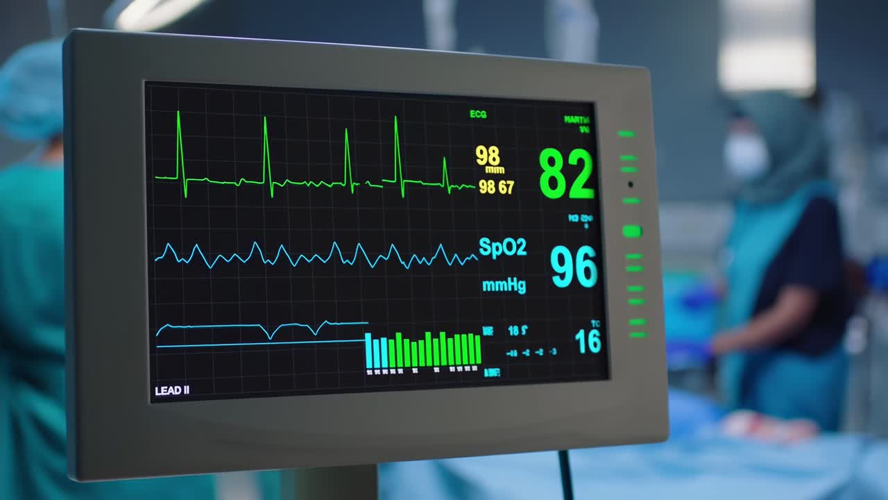 Video ravvicinato di un monitor cardiaco in un contesto ospedaliero, leggermente angolato lateralmente
