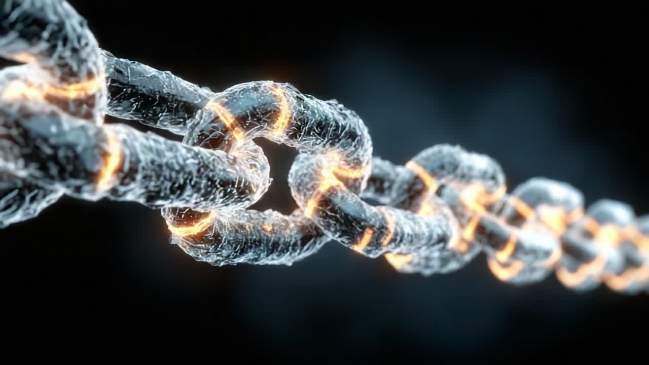 A Close-Up Visual of Strong, Metallic Links: Exploring the Intricacies of a Chain with a Stunning Glow and Detailed Textures in a Dark Background Setting