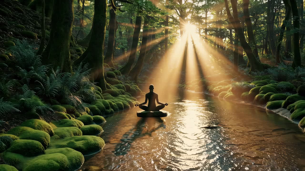 Meditation in a Sunlit Forest Stream