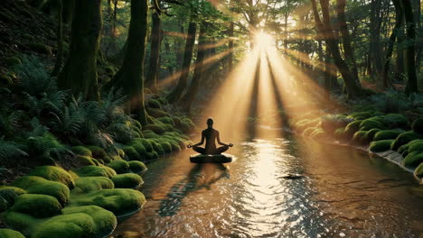 meditation in a sunlit forest stream