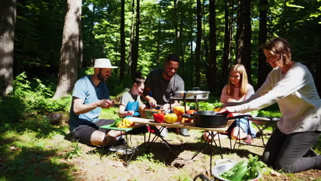 friends cooking together in forest