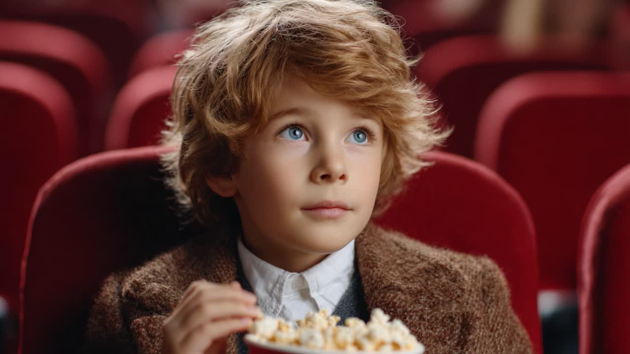 En ung dreng opslugt af biografoplevelsen, der nyder popcorn, mens han betages af det store lærred og indfanger essensen af barndomsglæde og forventning