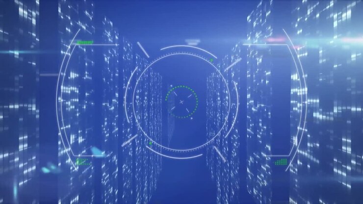 Animation of scope scanning and data processing over tech room with computer servers