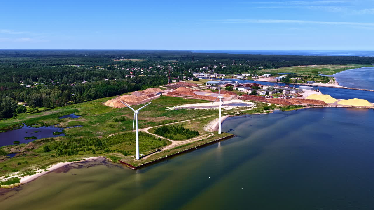 Green energy wind turbines and ecological power generation in wind farm, seen from aerial perspective