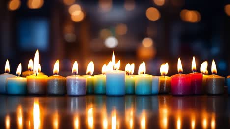 a row of lit candles sitting on top of a table