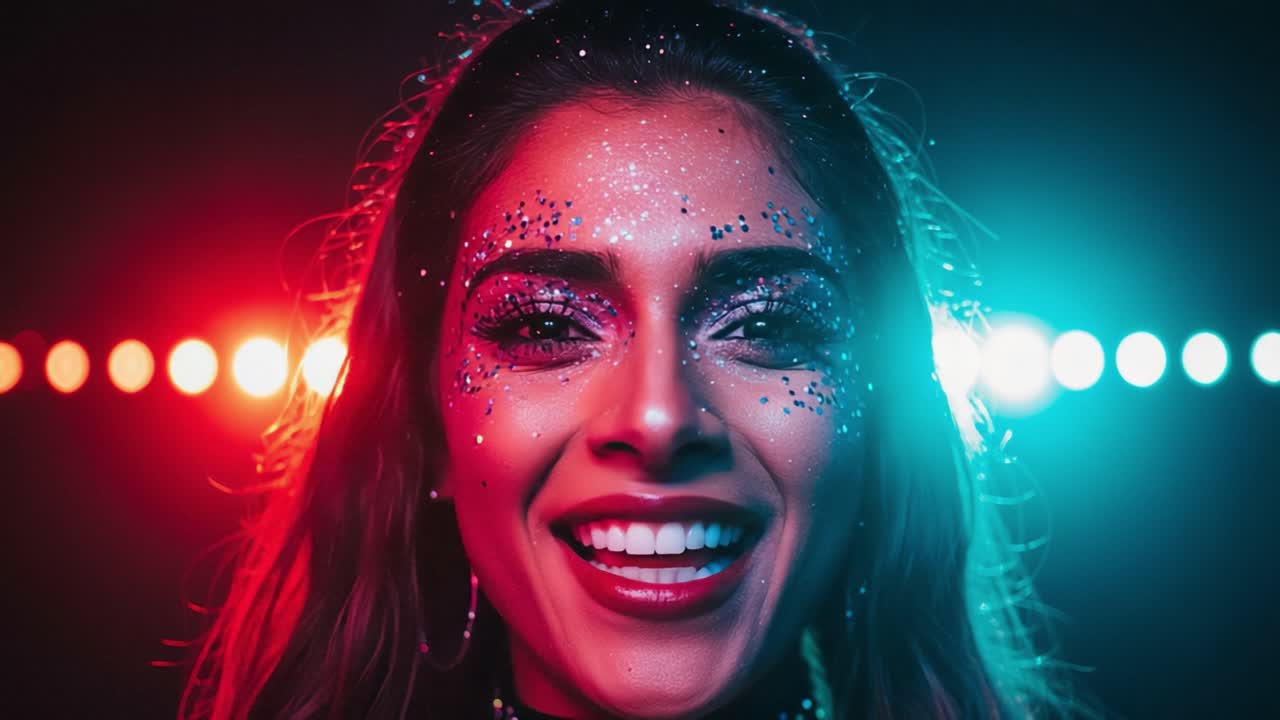 A Joyful Celebration of Light and Color: A Close-Up Portrait of a Woman with Sparkling Face Makeup Amidst Bright Neon Lights