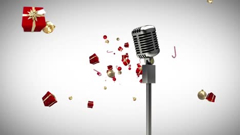 Animation-of-vintage-microphone-with-christmas-presents-falling-on-white-background