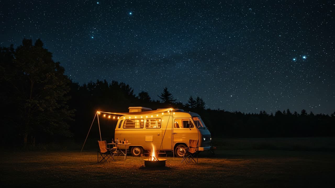Cozy Night Under Stars: A Vintage Camper Embraced by Glowing Campfire and Starlit Sky, Perfect for Stargazing and Outdoor Adventure