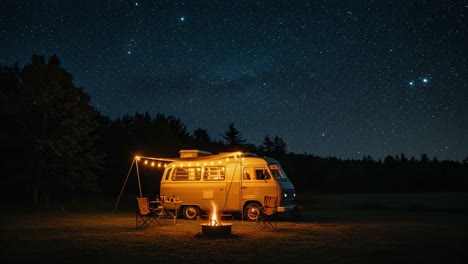 cozy night under stars: a vintage camper embraced by glowing campfire and starlit sky, perfect for stargazing and outdoor adventure