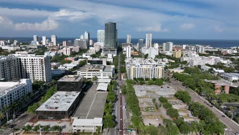 skyline downtown of saint petersburg, florida at sunny day. aerial wide shot. sunny day with blue sky. skyscraper and bike lane near tropicana arena.
